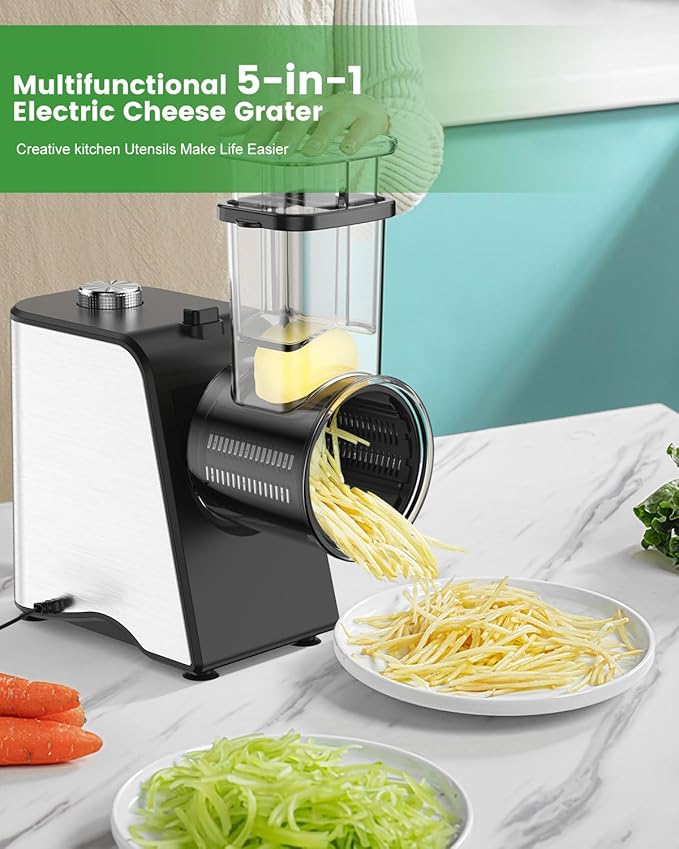 Electric Cheese Grater - 250W Electric Slicer Shredder Salad Maker with 5 Blades for Cheese, Vegetables, Fruits, and Salad, Easy One-Touch Control，5 in 1, Grey