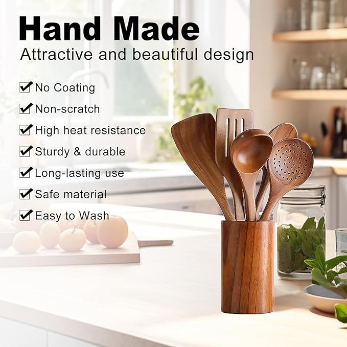 6 PCS Wooden Cooking Utensils Set, Wooden Spoons for Cooking, with Utensils Holder, Comfort Grip, Ideal for Nonstick Cookware