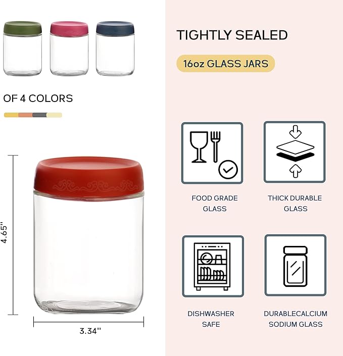 16 OZ Glass Food Jar Storage Containers with Airtight Lids, Reusable Wide Mouth Overnight Oats Glass Mason Jars for Snacks Yogurt Pudding(Multicolor 4pack-1)