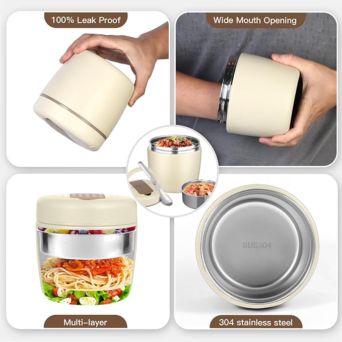 Thermo for Hot Food 32oz, Vacuum Insulated Food Jar for Adults, Stainless Steel Soup Thermo Wide Mouth Leakproof Lunch Containers with Spoon for School Office, Beige