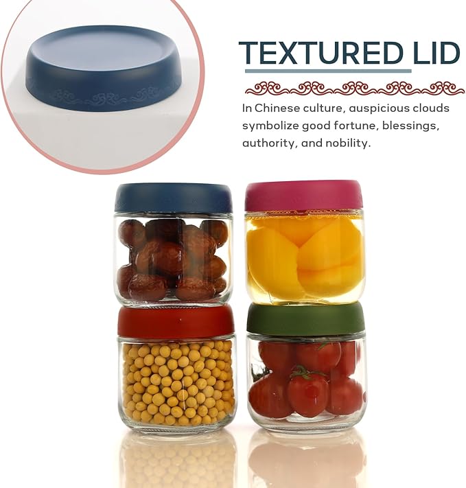 10 OZ Glass Food Jar Storage Containers with Airtight Lids, Reusable Wide Mouth Overnight Oats Glass Mason Jars for Snacks Yogurt Pudding(Multicolor 4pack-1)