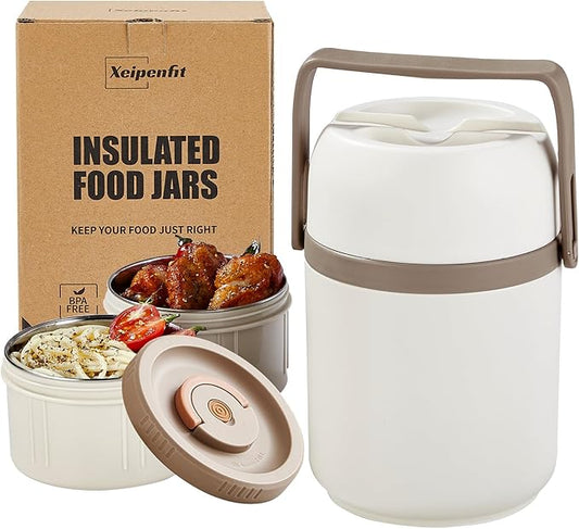 51 oz Adults Vacuum Insulated Wide Mouth Soup Food Thermos Hot Food Jar with Keep Thermal Portable 2 Tier Stackable Bento Hot Food Containers Lunch Boxes (White, 51)