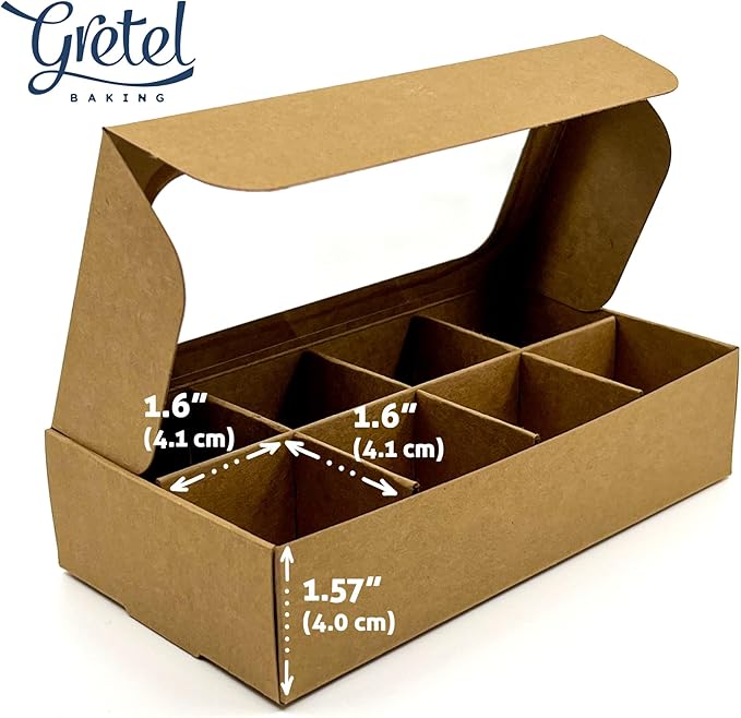 Treat boxes with window and dividers | 8 X-SMALL compartments | 6.75 x 3.5 x 1.57 in | Empty candy boxes for gift giving, truffle box - perfect for Valentine's Day | 10-pack (Kraft)