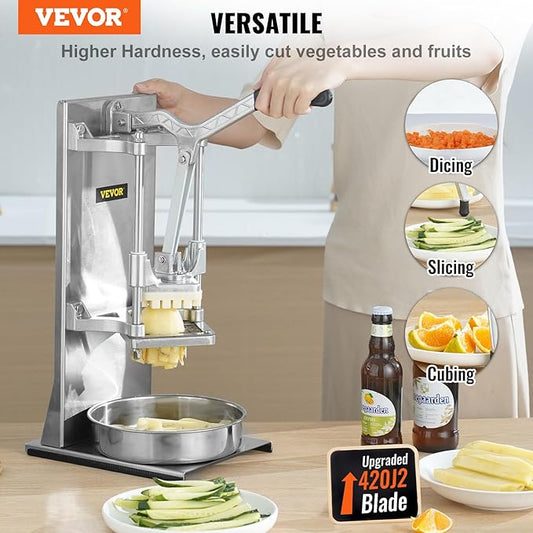 VEVOR Commercial French Fry Cutter with 4 Replacement Blades, 1/4 and 3/8 Blade Easy Dicer Chopper, 6-wedge Slicer and 6-wedge Apple Corer, Lemon Potato Cutter for French Fries with Extended Handle