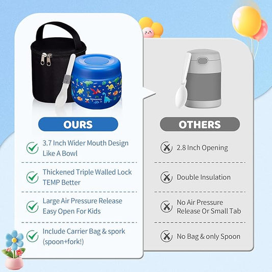 Kids Thermo for Hot Food Drink - with Lunch Cooler Bag & Foldable Spoon, Keep Cold-12h Hot-8h, Spill-proof 18/8 Stainless Steel Vacuum Soup Box Container for Toddler Boy, 9 OZ Food Jar for School