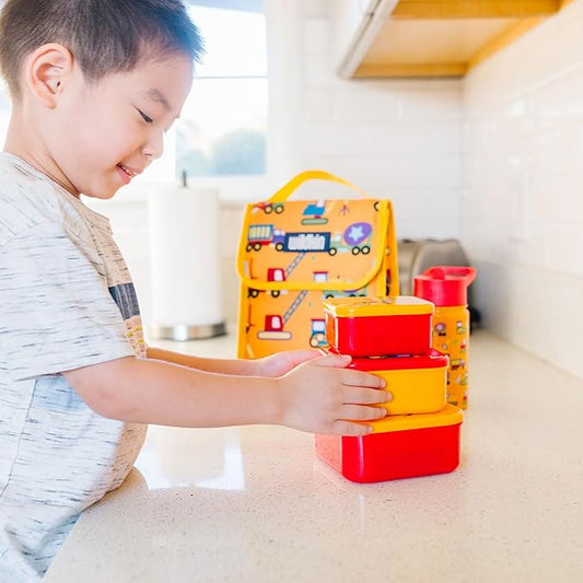 Wildkin Nesting Food Containers for Kids – Stackable, Airtight & Dishwasher Safe - Set of 3 - Under Construction