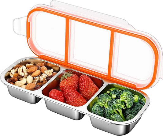 KTKUDY Stainless Steel Snack Container for Kids & Adults - Leek Proof Metal Bento Lunch Box with 3 Compartment - Lunchable Container for Daycare, School, Work, Travel - Stackable Bento Snack Box