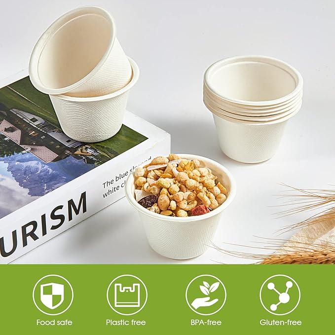ECOLipak 200 Pack 4 oz Compostable Portion Cups, 100% Biodegradable Souffle Cups, Disposable Paper Cups for Condiment Samples