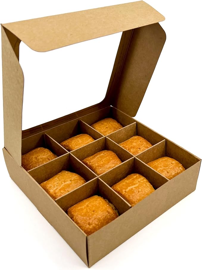 Treat boxes with window and dividers | 9 SMALL compartments | 6.5 x 6.5x 1.9 in | Chocolate covered strawberries supplies, macaron boxes, baked goods packaging | 10-pack (Kraft)