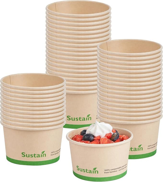 Restaurantware-Sustain 5 Ounce Paper Soup Containers, 50 Disposable Ice Cream Cups - Lids Sold Separately, With PLA lining, Bamboo To Go Hot Soup Bowls, Compostable, Greaseproof