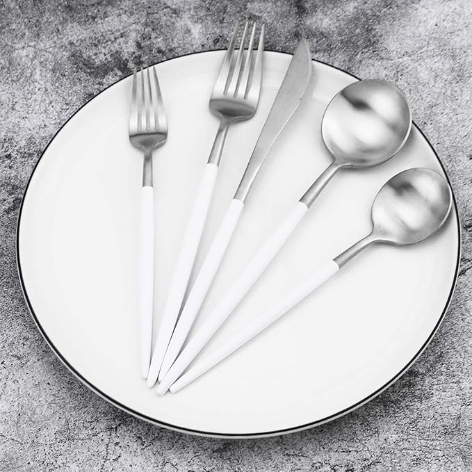 20-Piece 18/10 Stainless Steel Flatware Silverware, Luxury Dinnerware Set Travel Cutlery Tableware Include Knife Fork Spoon Service for 4, Dishwasher Safe (White Handle Matte Silver)