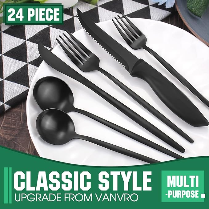 24 Pieces Matte Black Silverware Set with Steak Knives, Satin Finish tableware Cutlery Set, Home and Restaurant, Service for 4, Dishwasher Safe