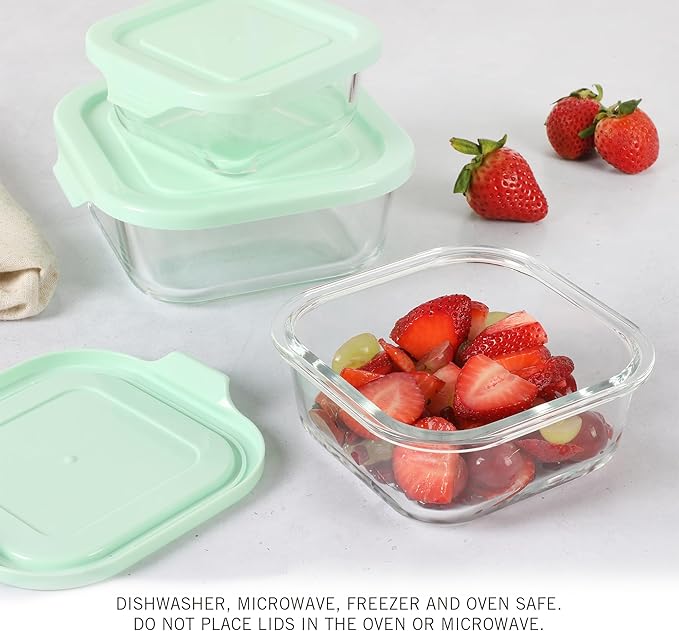 Martha Stewart Hadsell 6 Piece 27 oz, 17.6 oz, 10.8 oz Borosilicate Glass Square Storage Container Set w/PP Pop Martha Blue Lids