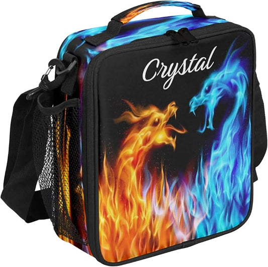 Personalized Lunch Box with Name, Custom Lunch Box Flame Dragon Customized Insulated Lunch Bag Tote, Cooler Freezable Meal Prep Bag with Shoulder Strap Waterproof Lunch Container for Office Picnic