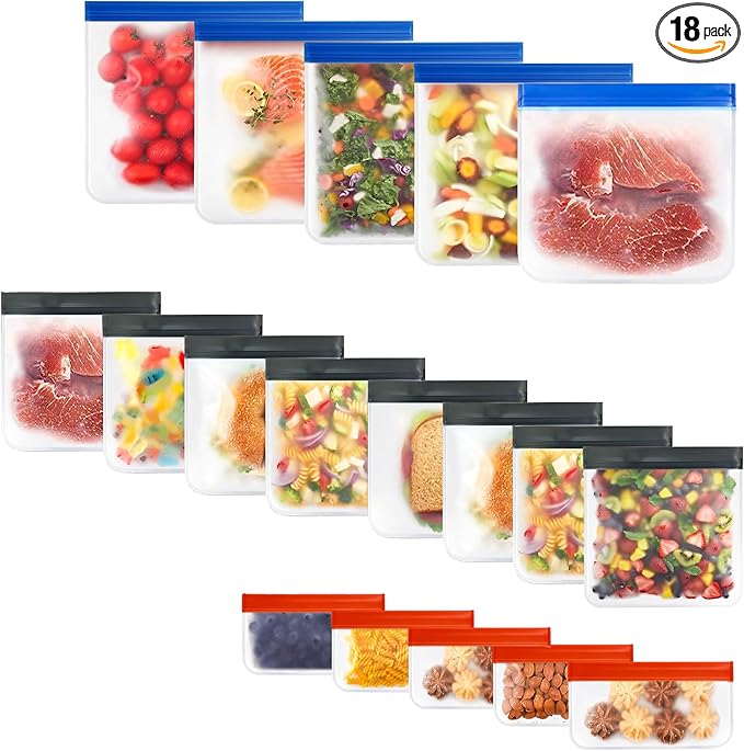 18-Pack (5 Small, 8 Medium, 5 Large) Extra Thick Reusable Silicone Storage Bags – BPA-Free, Leakproof & Durable Freezer Bags for Meal Prep, Marinating, Travel & Home Organization – Dishwasher Safe