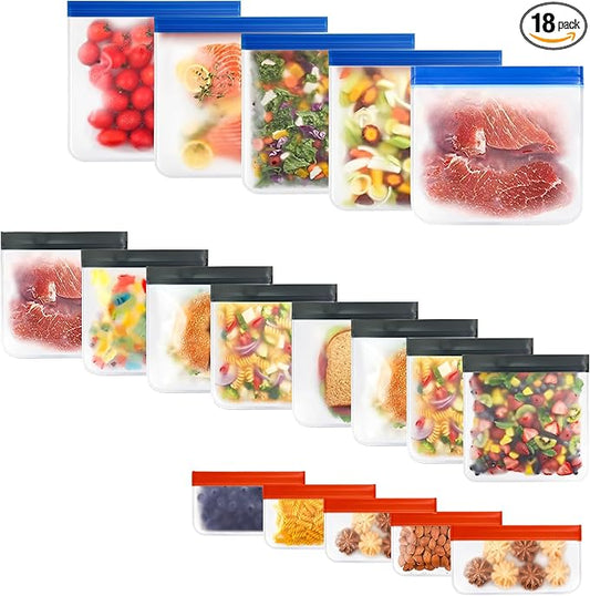 18-Pack (5 Small, 8 Medium, 5 Large) Extra Thick Reusable Silicone Storage Bags – BPA-Free, Leakproof & Durable Freezer Bags for Meal Prep, Marinating, Travel & Home Organization – Dishwasher Safe