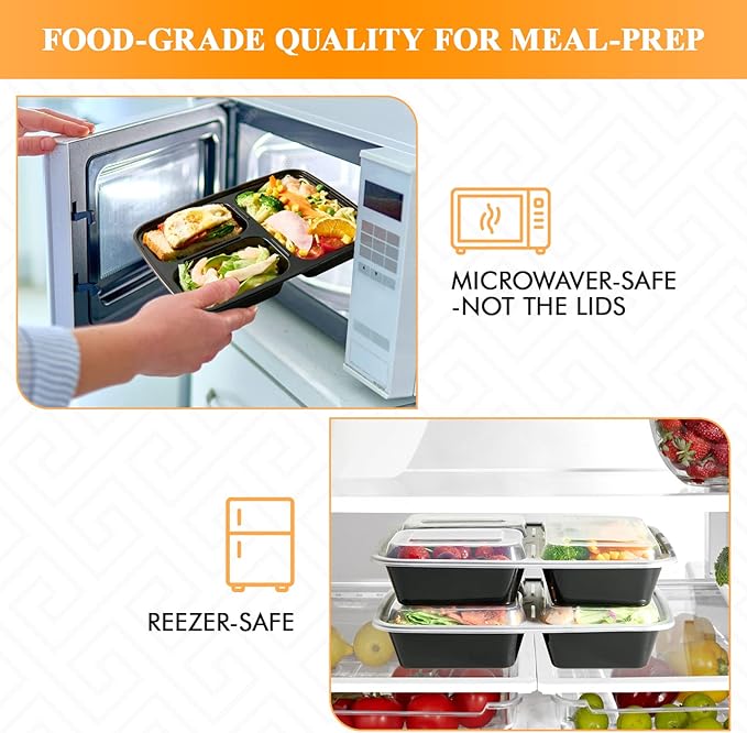 MUCHII 32 oz 3 Compartment Meal Prep Containers With Lids 20 Count To Go, Plastic Disposable Food Containers Microwave and Freezer Safe