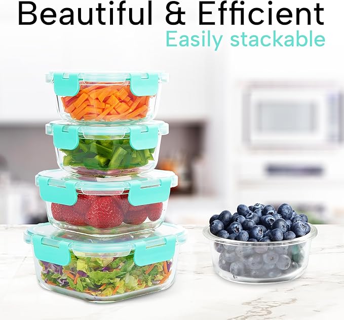 Zulay Kitchen 12 Pack Glass Meal Prep Containers with Lids - Airtight, Premium Borosilicate Glass Food Storage Containers - Microwave, Freezer & Oven Safe, BPA Free - Teal