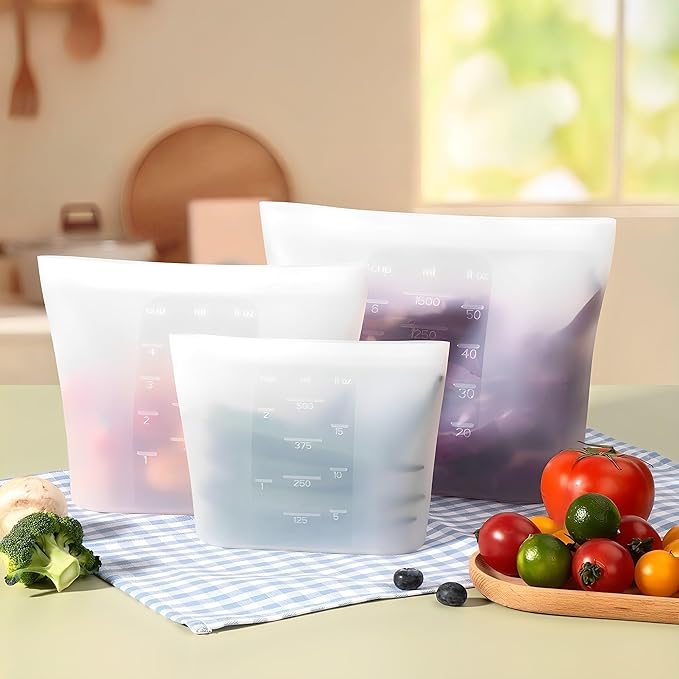 Reusable Silicone Food Storage Bags Quart 4 Pack, Stand Up Ziplock Reusable Freezer Sandwich Bag Containers for Food Travel, Freezer Microwave Oven Dishwasher Safe, Translucent, 33.8fl.oz