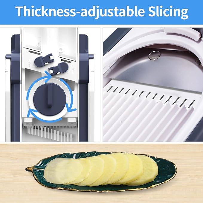 Vegetable Chopper With Adjustable Thickness - Safe Mandoline Food Slicer For Kitchen, Multifunctional Potato French Fry Cutter Onion Chopper Vegetable Cutter Slicer Dicer (Blue)