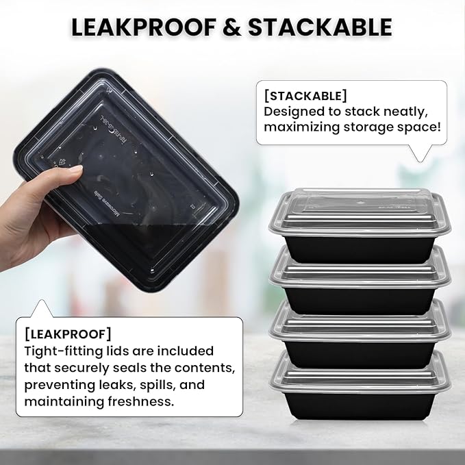Klex 38 Oz, 50 Sets Meal Prep Containers with Airtight Lids, BPA Free, Reusable Plastic Food Container, 38 oz, Rectangular, Black/Clear, 50 Sets