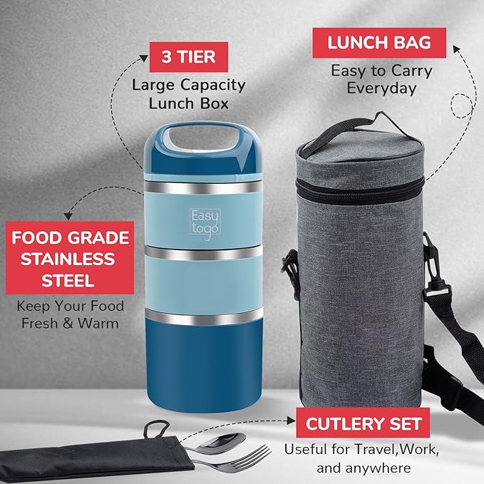 3 Tier Lunch Box 43Oz-Blue Stainless Steel Stackable Lunch Box with Lunch Bag & Cutlery Set, Portable Lunchbox, Portion Control Meal Prep Togo Lunch Containers for Adults, Women, Men