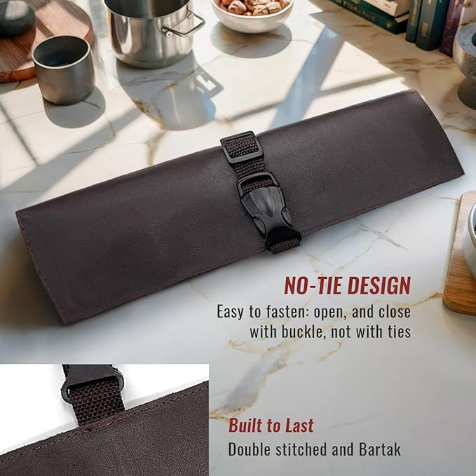Under NY Sky Genuine Leather Knife Roll Case - 2 Slots - Real Leather Pouch - Portable Bag for Cooking Tools, Utensils, Cutlery Knives, Brushes - Chefs, Kitchen, Travel, Gift - Brown L