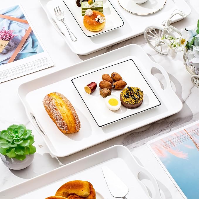 6 Pcs Serving Trays with Handles Trays for Eating 16 x 11 Inch Multi Purpose Plastic Tray Rectangular Anti Skid Decorative Food Tray for Restaurant Breakfast Countertop Party Kitchen (White)