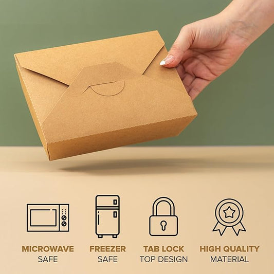 49oz Disposable Kraft Take-Out Containers - Microwaveable, Leak-Proof, Oil-Resistant, Eco-Friendly Food Boxes for Restaurants, Catering, & Meal Prep (50 Pack)