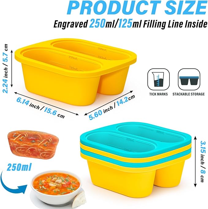 Mossime Silicone Soup Freezer Molds: 1 Cup Silicone Freezer Trays with Lid - 4 Packs Easy Release Soup Freezer Containers - 250ml 125ml Portion Large Cubes for Ice Soup (2, Blue/Yellow)