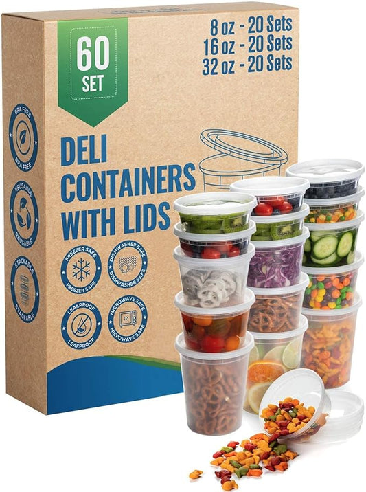 Deli Containers with Airtight Lids - 60 Piece Set (8oz, 16oz, 32oz) Perfect for Slime, Portion Control, Microwavable, Dishwasher, Freezer Safe, Leakproof, Stackable