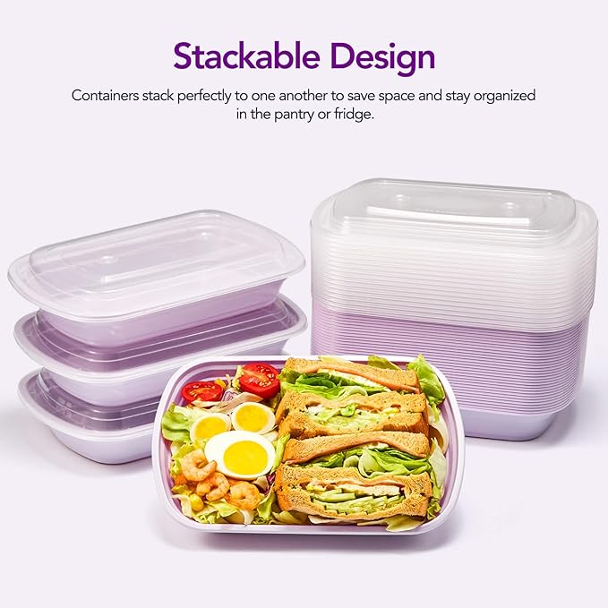 Glotoch Meal Prep Container Microwave Safe 50Pack,1 Compartment Food Containers with Lids, To Go Containers for Takeout, Bento Box, BPA-free, Stackable, Microwave/Dishwasher/Freezer Safe 28OZ(Purple)