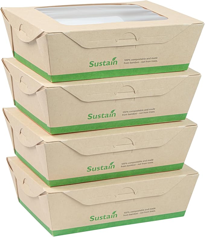 Restaurantware-Sustain 28 Ounce Sturdy Paper Take Out Boxes, 50 Disposable Take Out Food Containers - With PLA lining, Two Clear PLA Windows, Bamboo Paper Containers, Compostable, Tab-Lock Design
