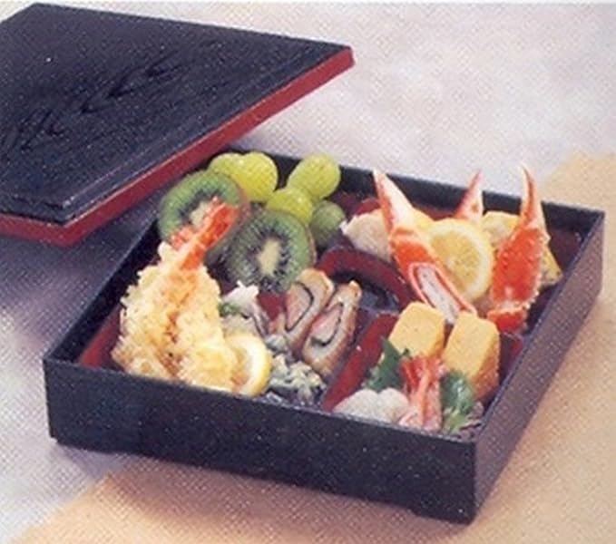 JapanBargain 1923, Red and Black Japanese Traditional Plastic Lacquered Lunch Bento Box 5 Compartments for Restaurant or Home Tray Plate and Lid 3pc Set Made in Japan, 9.5"x9.5"