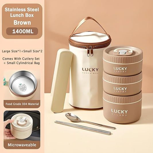 Stainless Steel Lunch Box, 3-Tier Insulated Bento Box Microwave Safe Soup Bowl for Adults, Thermal Food Container for Office Workers, (Brown, 3pcs, Tableware, Insulated Bag)
