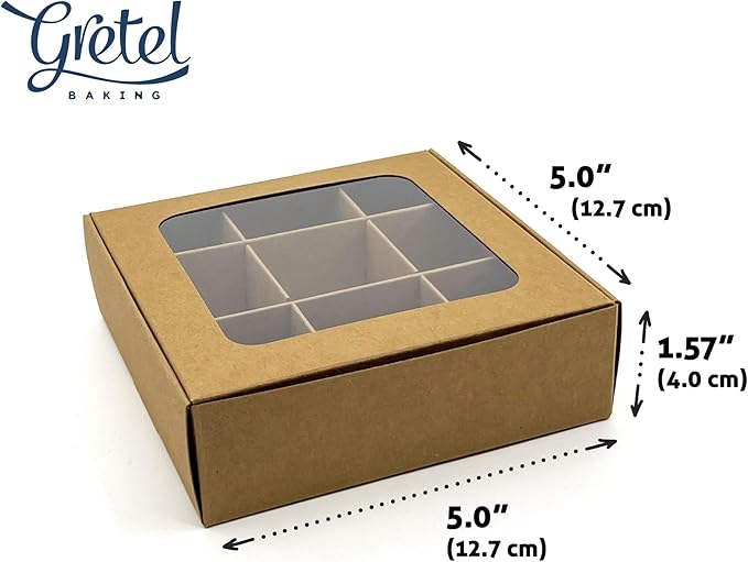 Treat boxes with window and dividers | 9 X-SMALL compartments | 5 x 5 x 1.57 in | Empty candy boxes for gift giving, truffle box - perfect for Valentine's Day | 10-pack (Kraft)