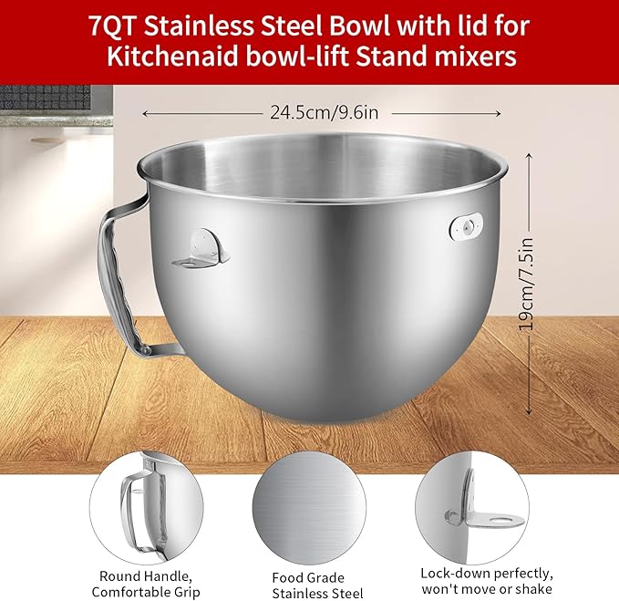 7QT Stainless Steel Mixer Bowl Compatible with Kitchenaid Stand Mixers, 7QT Mixing Bowl for Kitchen Aid Lift with Handle and Lid, Dishwasher Safe