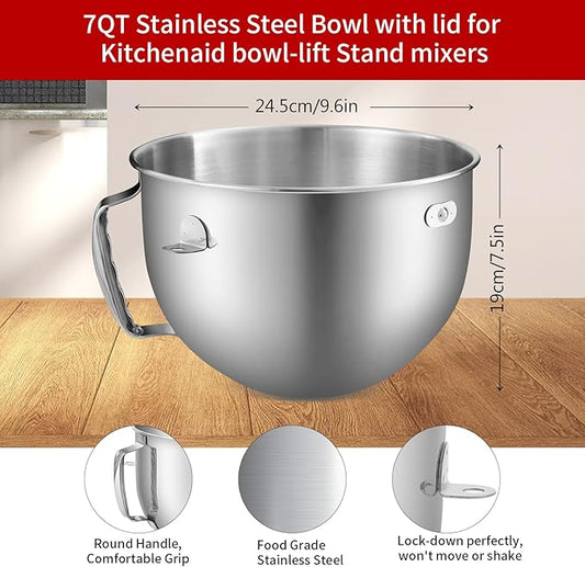7QT Stainless Steel Mixer Bowl Compatible with Kitchenaid Stand Mixers, 7QT Mixing Bowl for Kitchen Aid Lift with Handle and Lid, Dishwasher Safe