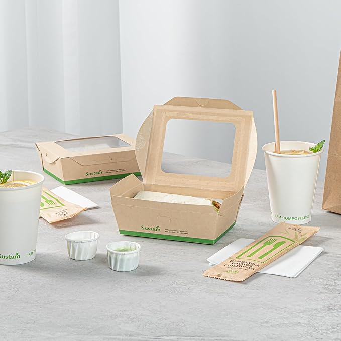 Restaurantware-Sustain 28 Ounce Sturdy Paper Take Out Boxes, 50 Disposable Take Out Food Containers - With PLA lining, Two Clear PLA Windows, Bamboo Paper Containers, Compostable, Tab-Lock Design