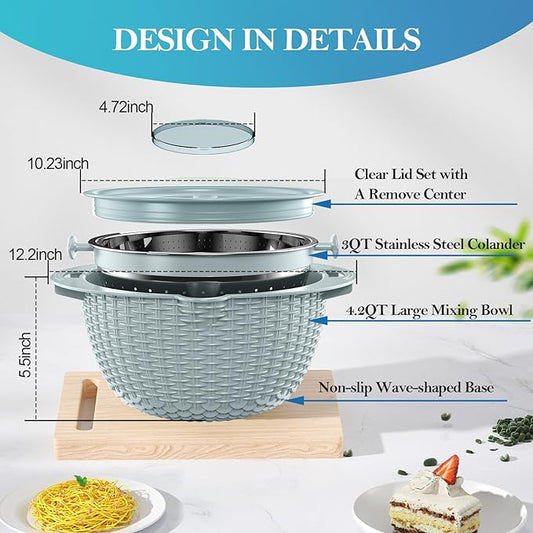 4 in 1 Colander with Mixing Bowl Set, Colander for Kitchen, Strainers and Colanders, Pasta Strainer, Rice Washer, Fruit Cleaner, Veggie Wash, Aesthetic Kitchen Essentials - Blue