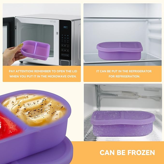 1 Pcs Silicone Reusable Snack Containers, 2-Compartment Dipping Containers with Lid,For refrigerated, outdoor takeout, portion controlled snack sauce containers (Purple,1 Pcs)