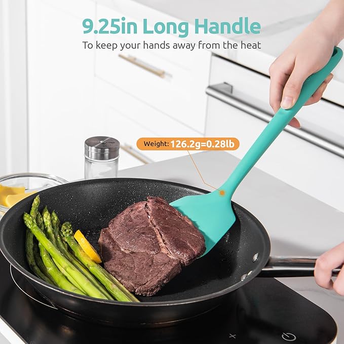 18/8 Stainless Steel Measuring Spoons Set for Dry and Liquid Ingredients (Set of 9), and 600℉ Heat Proof Long & Wide Silicone Solid & Slotted Turner Set of 2 for Egg, Pancake (Aqua Sky)