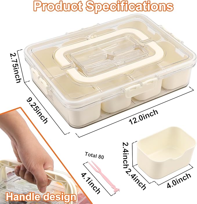 Divided Serving Tray with Lid and Handle, Portable Snackle Box with 8 Compartments & 8 Fruit Forks & 2 Spoons, Charcuterie Container for Party, Entertaining, Picnic, 1 Pack