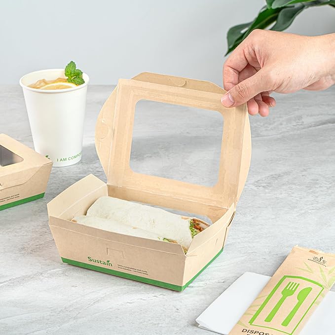 Restaurantware-Sustain 28 Ounce Sturdy Paper Take Out Boxes, 50 Disposable Take Out Food Containers - With PLA lining, Two Clear PLA Windows, Bamboo Paper Containers, Compostable, Tab-Lock Design