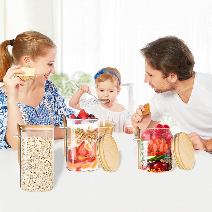 Airtight Glass Jars with Bamboo Lids and Spoon, Overnight Oats Jars, Glass Kitchen Canisters,Glass Food Storage Jars for Coffee, Sugar, Tea, Flour(3 Pack)