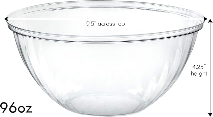 PLASTICPRO Disposable 96 Ounce Round Crystal Clear Plastic Serving Bowls With Lids, Party Snack or Salad Bowl, Chip Bowls, Snack Bowls, Candy Dish, Salad Container Pack of 8