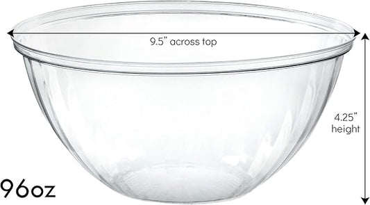 PLASTICPRO Disposable 96 Ounce Round Crystal Clear Plastic Serving Bowls With Lids, Party Snack or Salad Bowl, Chip Bowls, Snack Bowls, Candy Dish, Salad Container Pack of 8