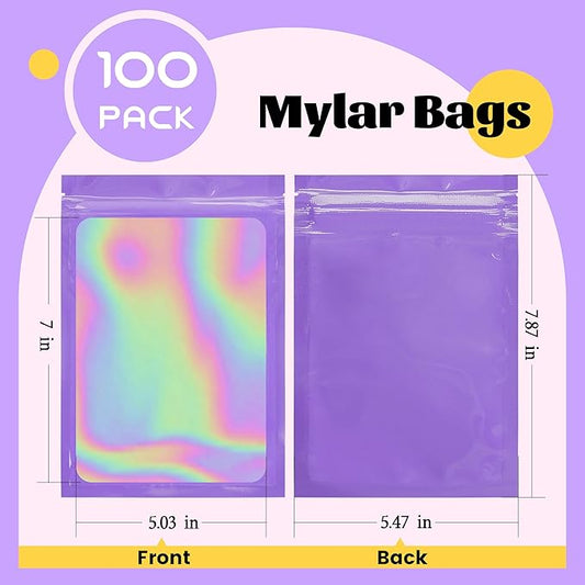 100 Pcs Holographic Bags Purple Resealable Bags with Clear Window Mylar Bags for Food Storage Packaging for Small Business(5.5×8Inch)