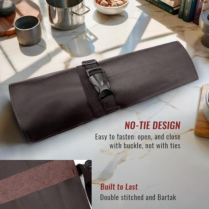 Under NY Sky Genuine Leather Knife Roll Case - 4 Slots - Real Leather Pouch - Portable Bag for Cooking Tools, Utensils, Cutlery Knives, Brushes - Chefs, Kitchen, Travel, Gift - Brown L
