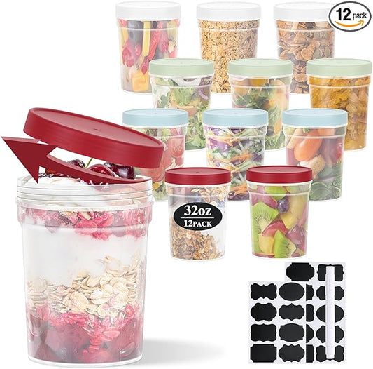 32oz-12Pack Reusable Food Freezer Storage Containers with Lids, BPA Free Twist Top Deli Container, Leak Proof, Stackable, Microwave and Dishwasher Safe-4 Colors